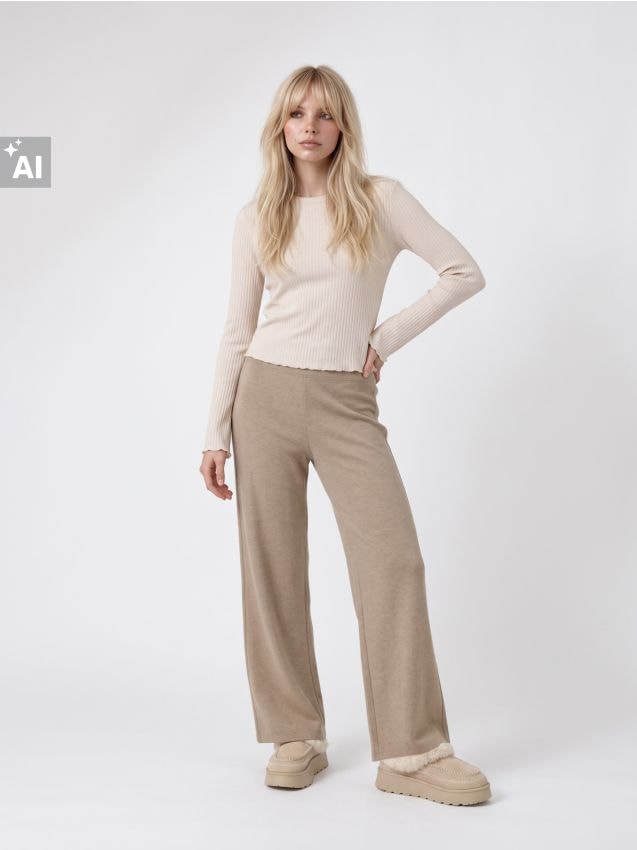 Sinsay - Tricou cu mânecă lungă cu striații și amestec de viscoză - bej
