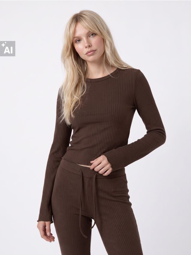 Sinsay - Tricou cu mânecă lungă cu striații și amestec de viscoză - maro