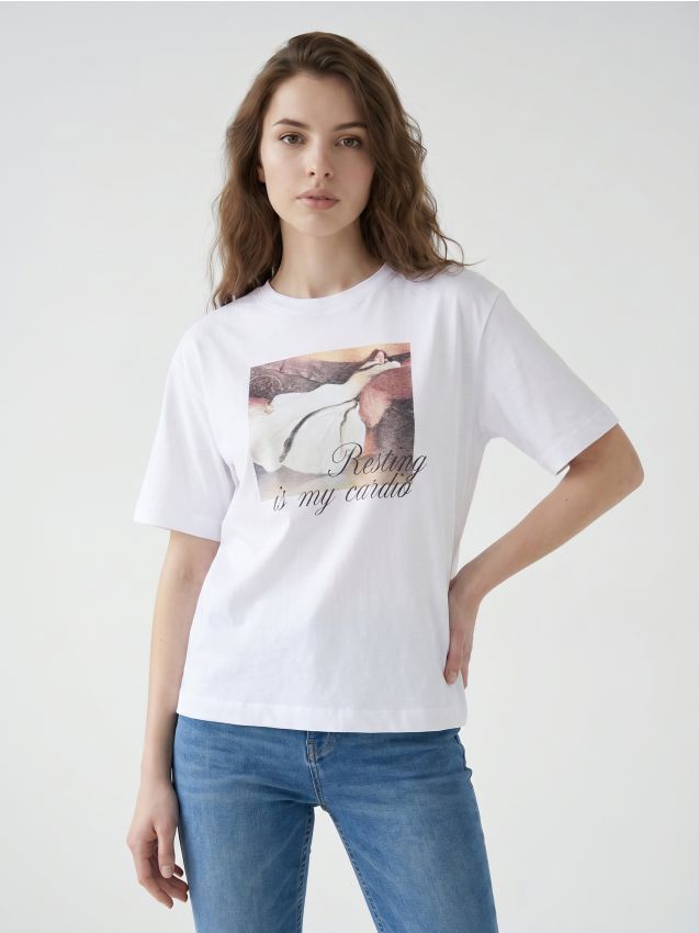 Sinsay - Tricou din bumbac cu motiv artistic - alb