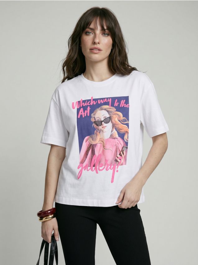 Sinsay - Tricou din bumbac cu motiv artistic - alb