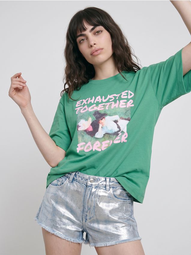 Sinsay - Tricou din bumbac cu motiv artistic - verde-gălbui