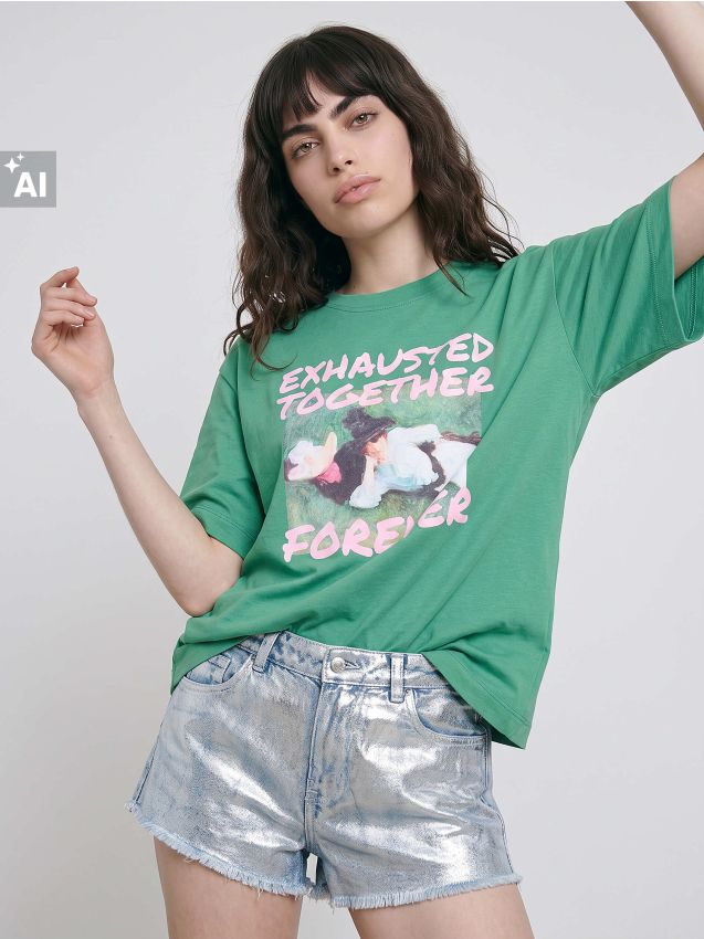 Sinsay - Tricou din bumbac cu motiv artistic - verde-gălbui