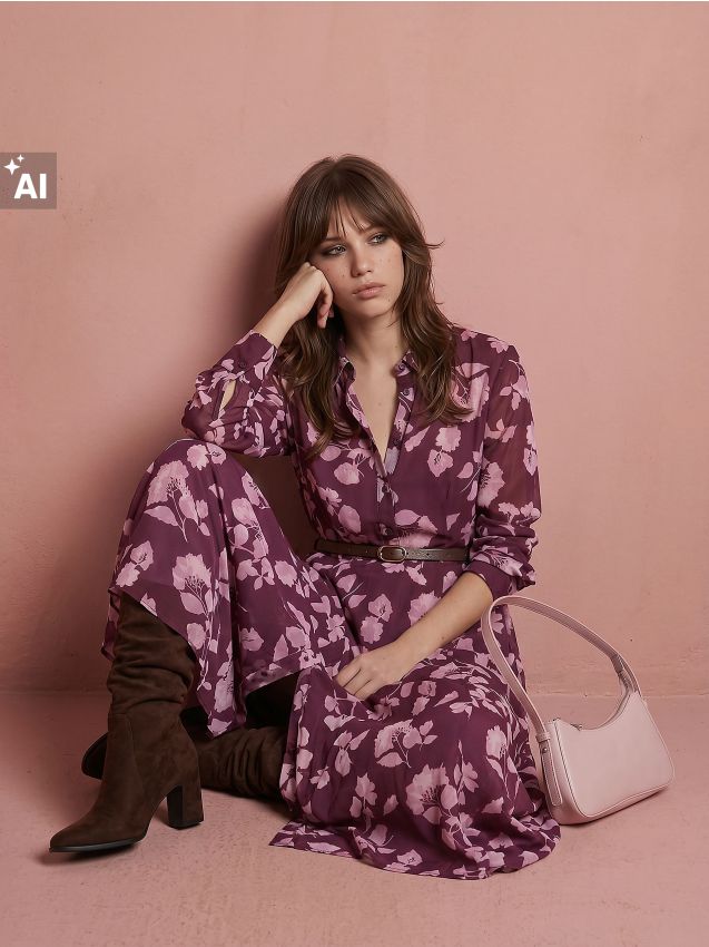 Sinsay - Rochie tip cămașă midi cu imprimeu floral și curea - multicolor