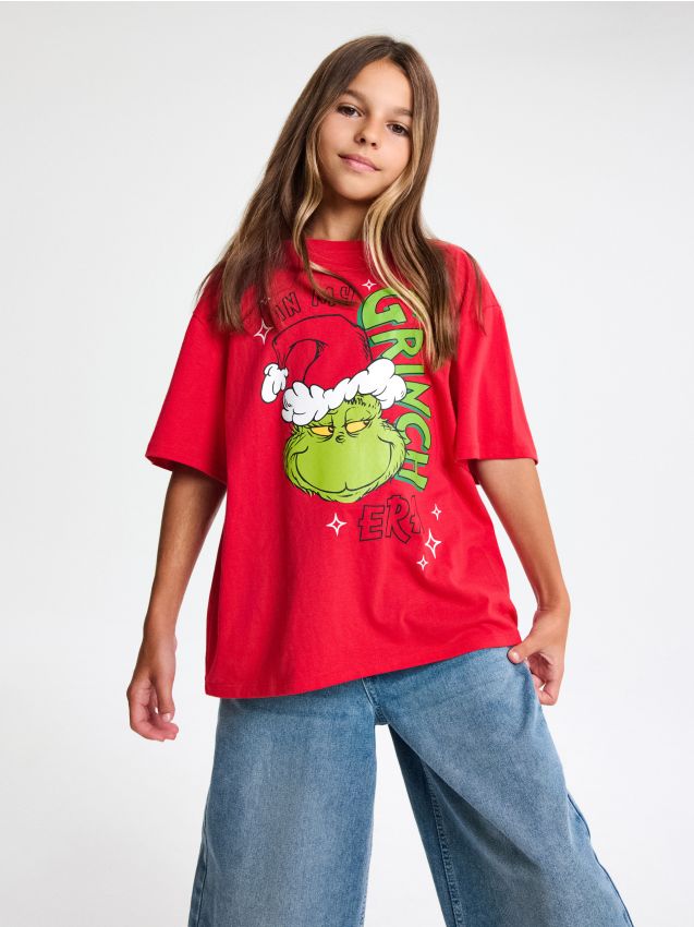 Sinsay - Bawełniana koszulka z nadrukiem Grinch - czerwony