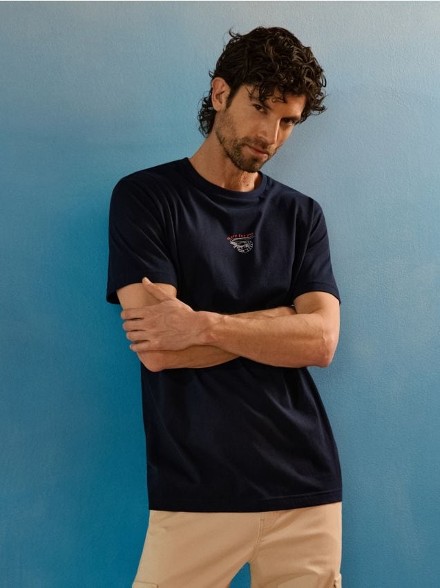 Sinsay - Tricou din bumbac cu imprimeu de crevetă - bleumarin