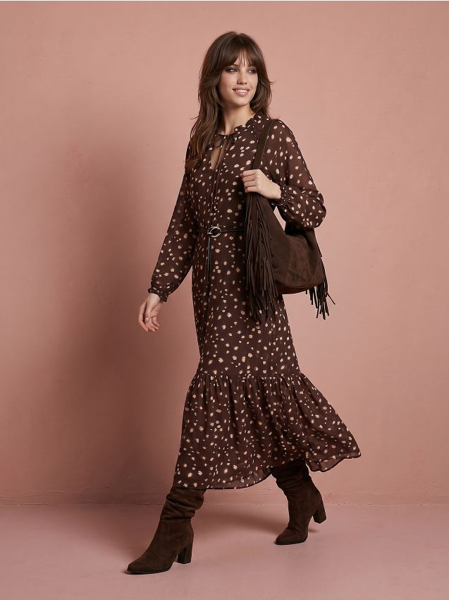 Sinsay - Rochie maxi cu model și curea - maro-închis