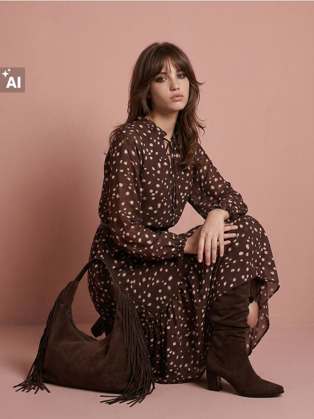 Sinsay - Rochie maxi cu model și curea - maro-închis