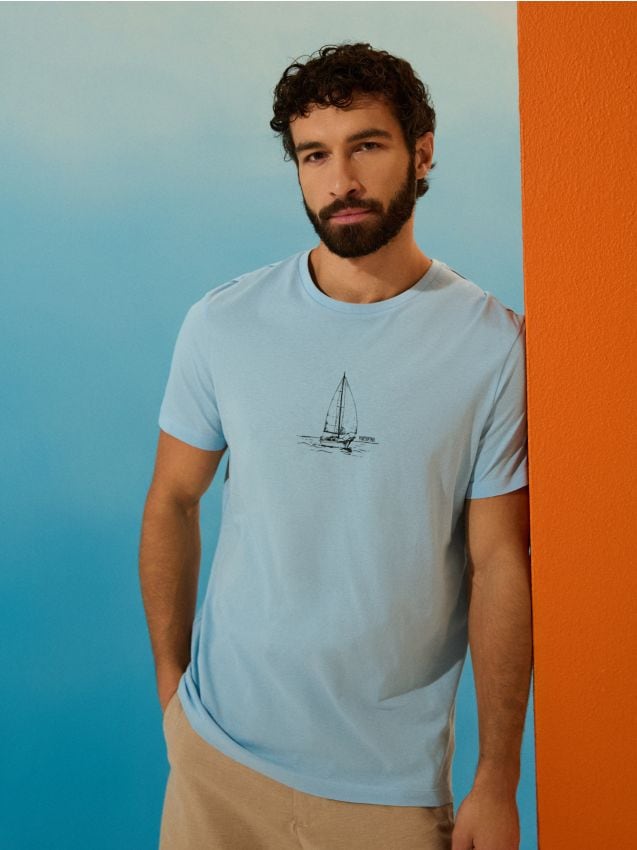 Sinsay - Tricou din bumbac cu imprimeu navă - albastru-pal