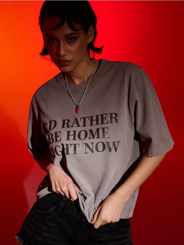 Sinsay - Tricou din bumbac cu inscripție - bej