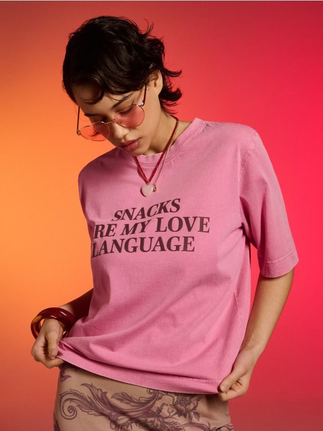 T-shirt in cotone con scritta - fucsia