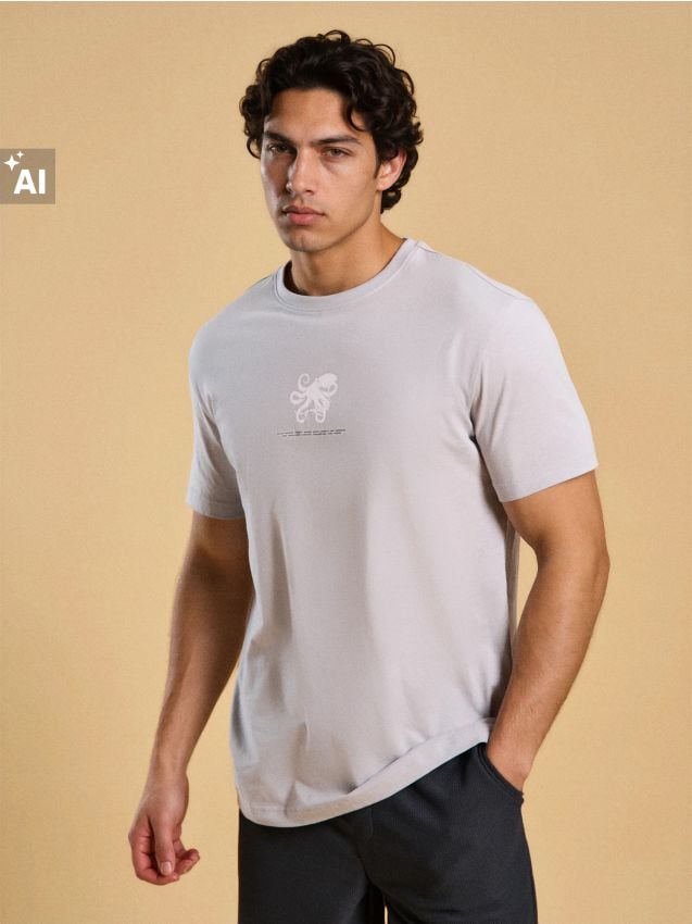 Sinsay - Tricou din bumbac cu imprimeu de caracatiță - gri deschis