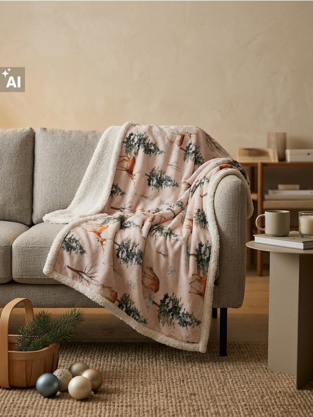 Sinsay - Pătură de Crăciun cu blăniță tip sherpa și motiv de pădure - multicolor