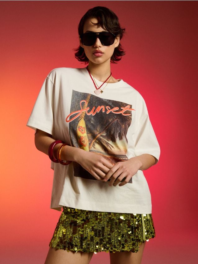 Sinsay - Tricou din bumbac cu imprimeu de vacanță - crem