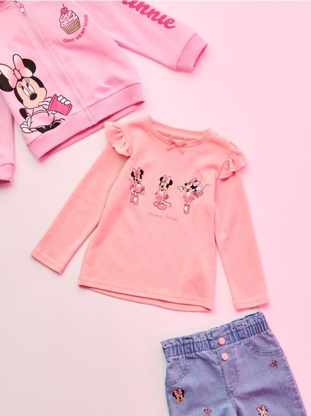 Sinsay - Tricou din Bumbac cu Volănaș și Imprimare Minnie Mouse - roz-trandafiriu