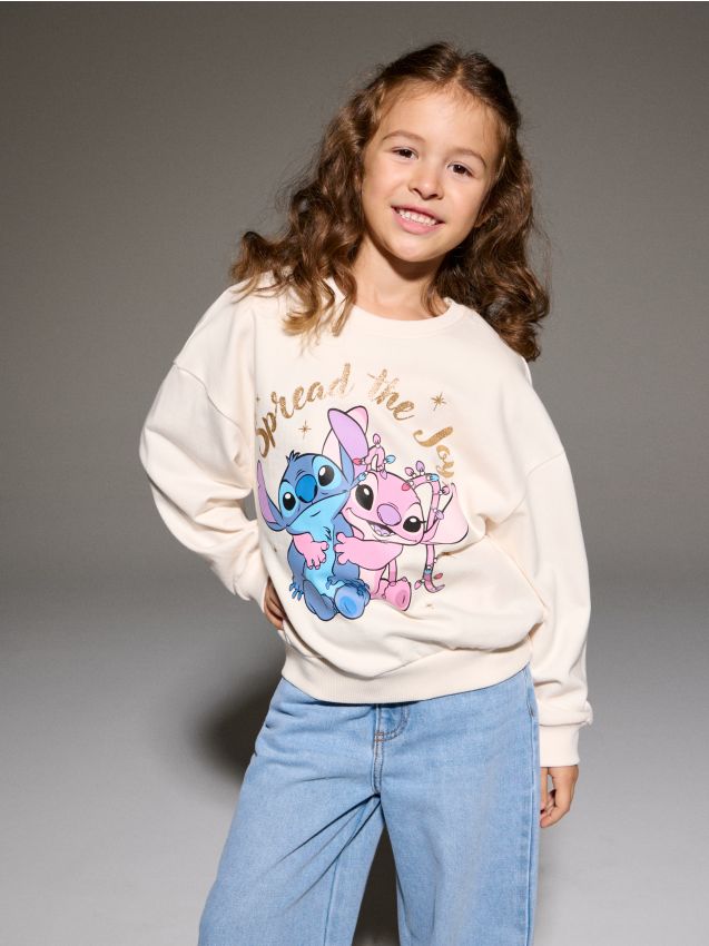 Sinsay - Bavlnená mikina s potlačou Stitch - krémová
