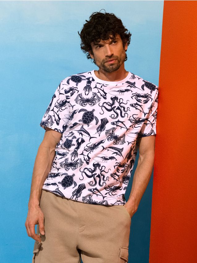 Sinsay - Tricou din bumbac cu motiv marin - alb