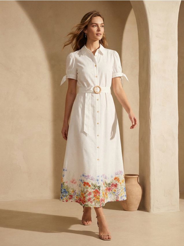 Sinsay - Rochie midi tip cămașă cu curea și tiv floral - multicolor