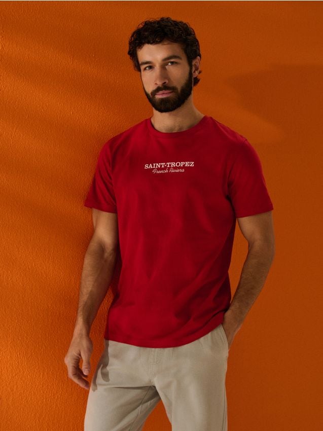 Sinsay - Tricou din bumbac cu inscripție Saint-Tropez - roșu