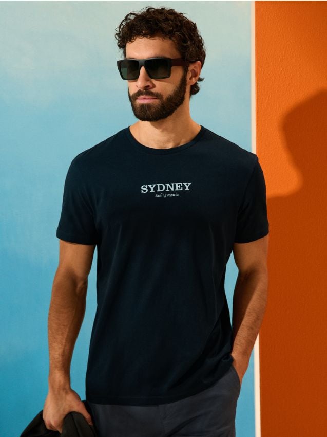 Sinsay - Tricou din bumbac cu inscripție Sydney - bleumarin