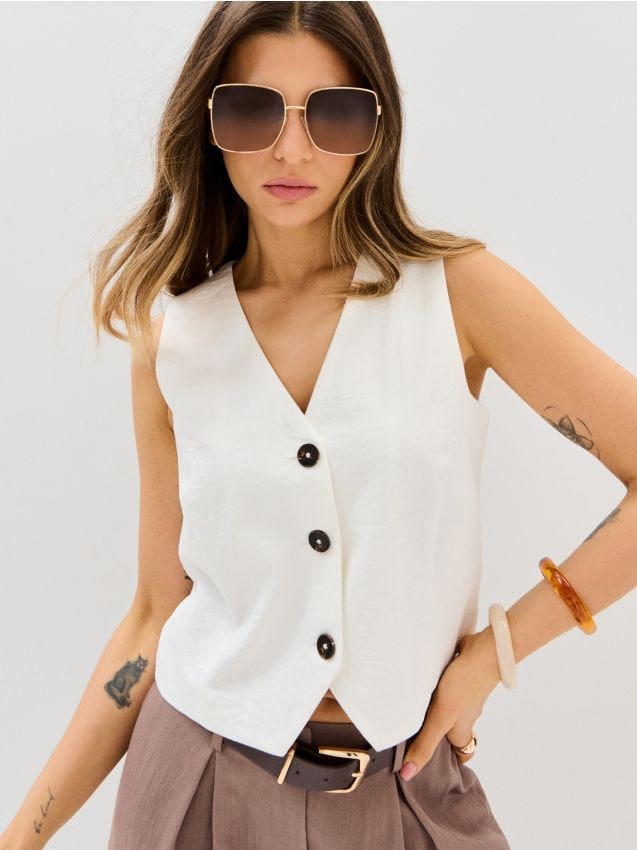 Sinsay - Klasyczna wiskozowa kamizelka garniturowa - kremowy