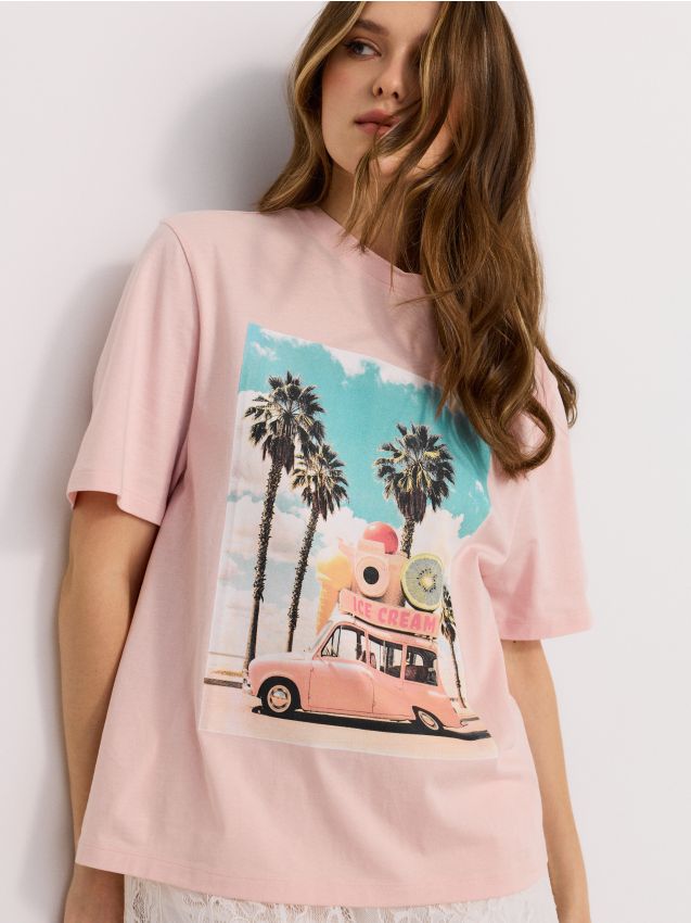 Sinsay - Tricou din bumbac cu imprimeu de vacanță - roz-pastel