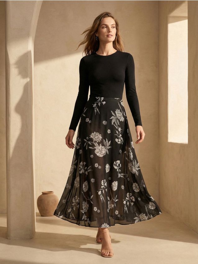 Sinsay - Rozkloszowana spódnica midi w kwiaty - wielobarwny