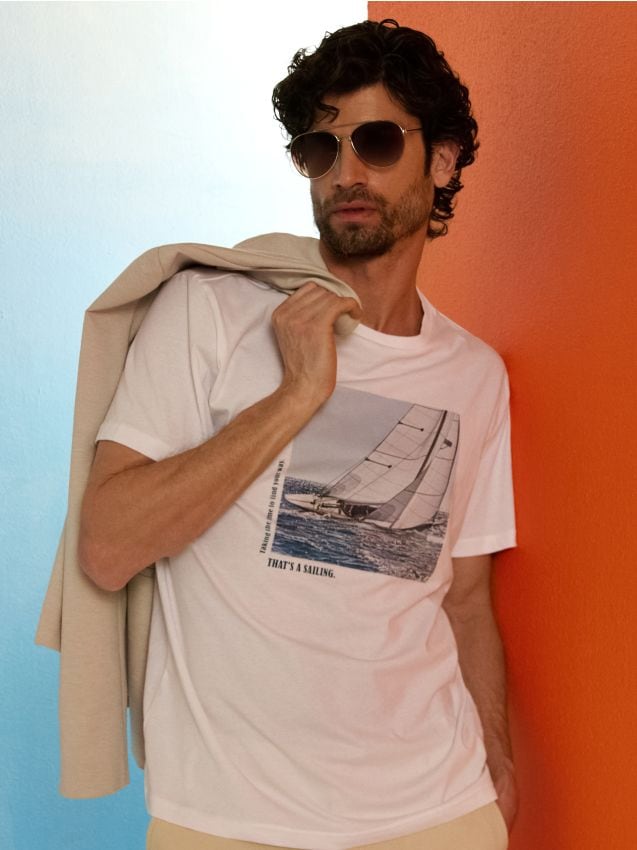 Sinsay - Tricou din bumbac cu imprimeu navă - alb