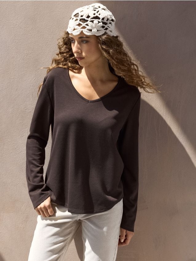 Sinsay - Tricou cu amestec de vâscoză - maro-închis