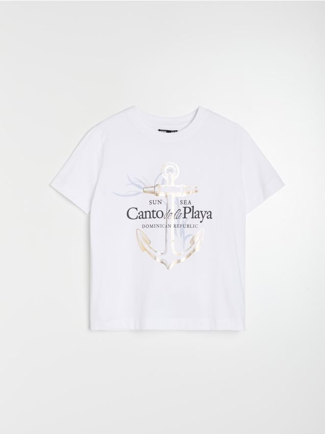 Sinsay - Tricou din bumbac cu inscripție Canto de la Playa - alb