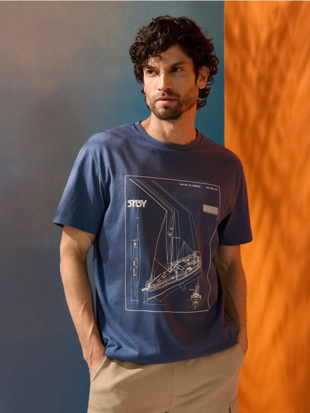 Sinsay - Tricou din bumbac cu imprimeu navă - albastru