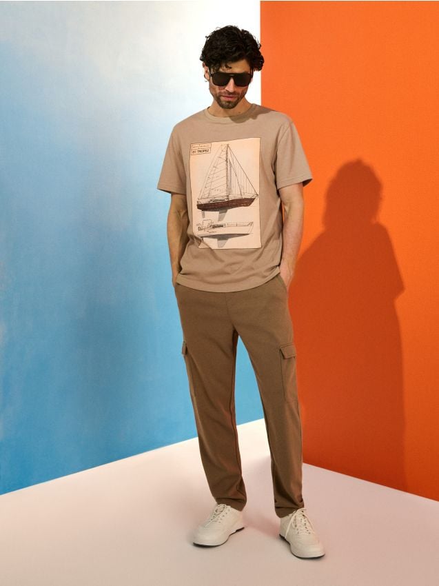 Sinsay - Tricou din bumbac cu imprimeu navă - bej