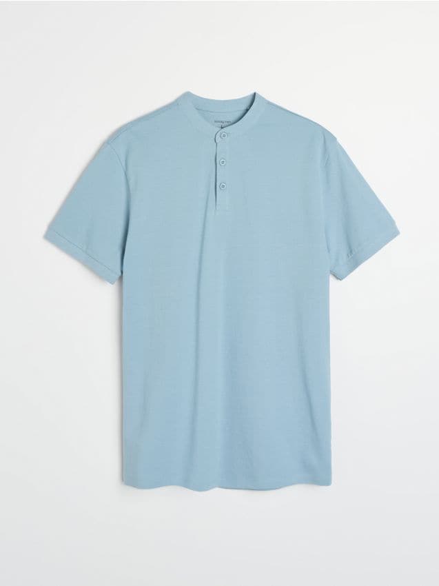 Sinsay - Tricou polo din bumbac cu guler tip tunică - albastru-pal