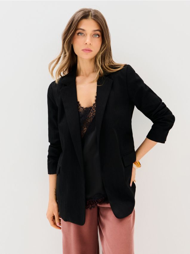 Sinsay - Sacou cu mâneci încrețite cu amestec de vâscoză - negru