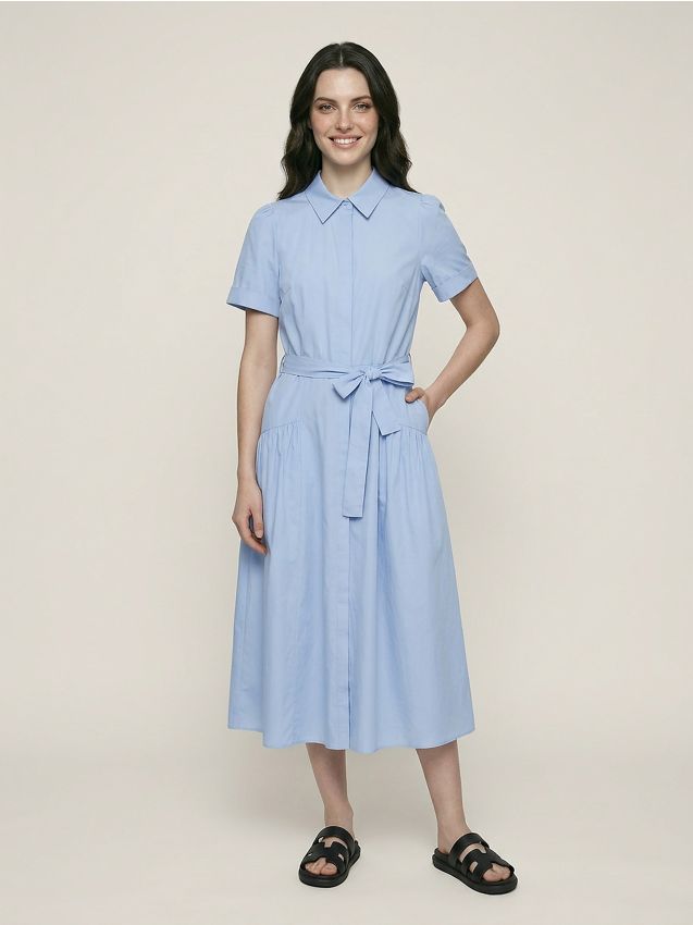 Sinsay - Rochie midi tip cămașă din bumbac cu mânecă scurtă - light blue