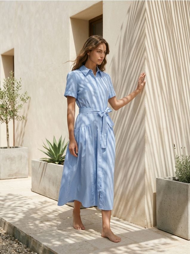 Sinsay - Rochie midi tip cămașă din bumbac cu mânecă scurtă - light blue