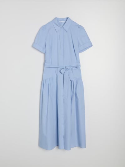 Bombažna midi srajčna obleka s kratkimi rokavi