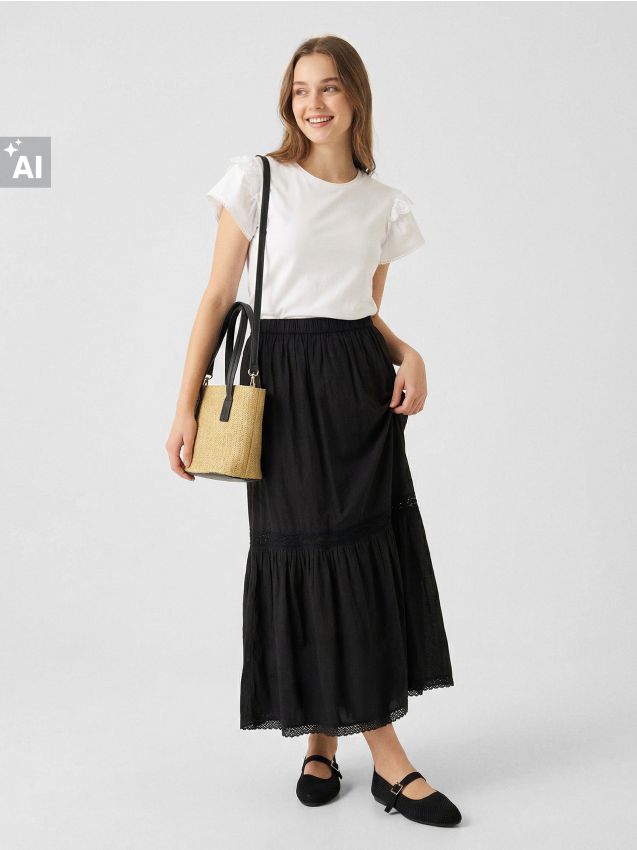 Sinsay - Rochie midi din bumbac cu elemente din dantelă - negru