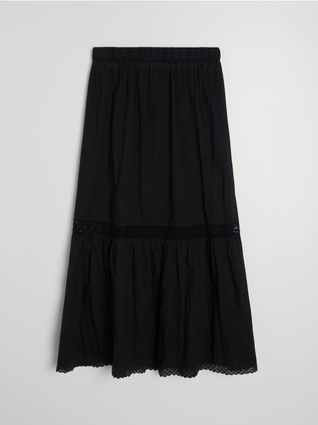Sinsay - Bawełniana spódnica midi z ażurowymi elementami - czarny