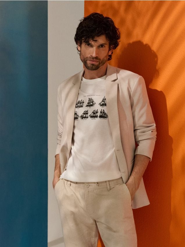 Sinsay - Bawełniana koszulka - kremowy