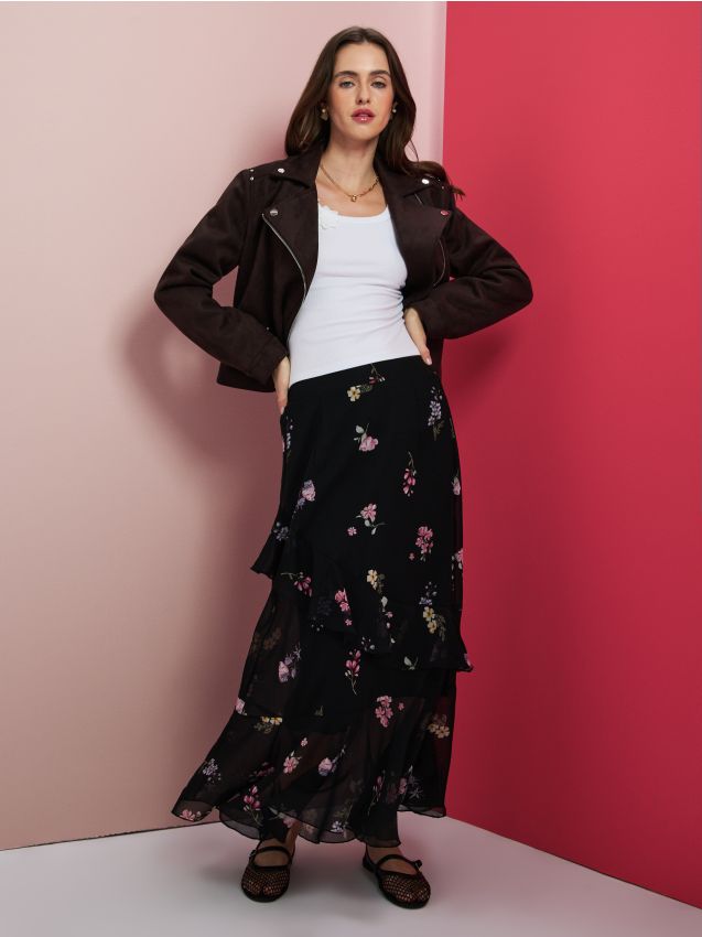 Sinsay - Spódnica midi z asymetryczną falbaną w kwiaty - wielobarwny