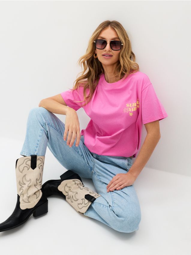 Sinsay - Tricou din bumbac cu inscripție Summer Vibes - roz-aprins