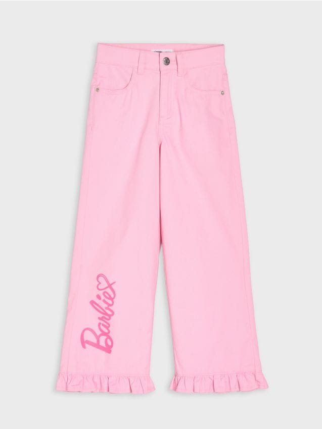 Sinsay - Jeansy wide leg z napisem Barbie - różowy