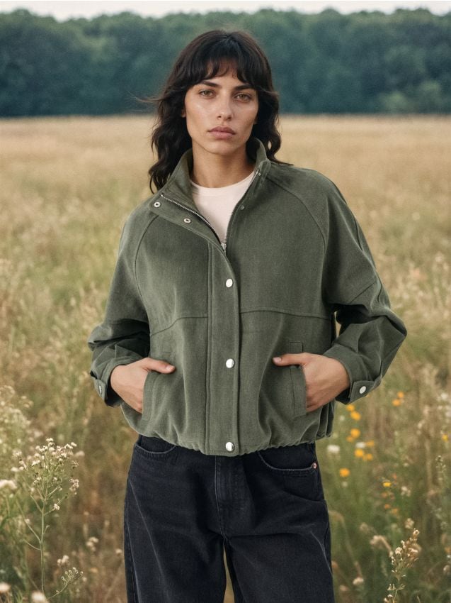 Sinsay - Jachetă bomber cu guler stilt și finisaj twill - verde-închis