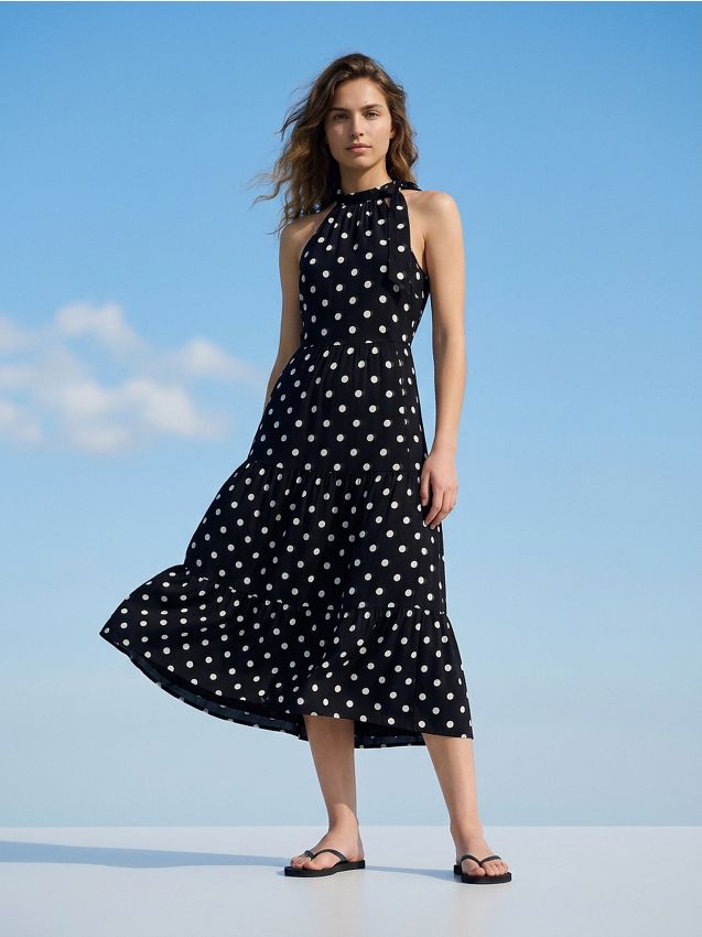 Sinsay - Wiskozowa sukienka midi w grochy z wiązanym dekoltem halter - wielobarwny