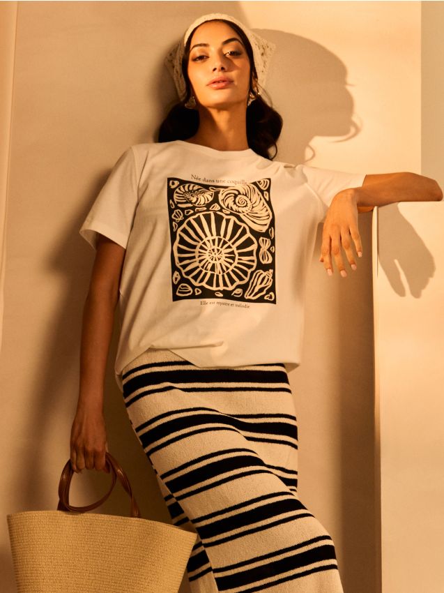 Sinsay - Tricou din bumbac cu imprimeu cu scoici - crem