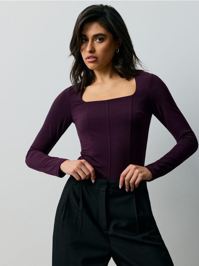 Sinsay - Body cu mânecă lungă și cusături stil corset - mahon