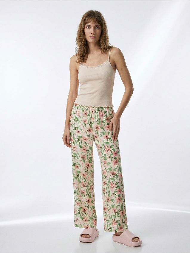 Sinsay - Pijama din bumbac din două piese cu motiv floral - nude