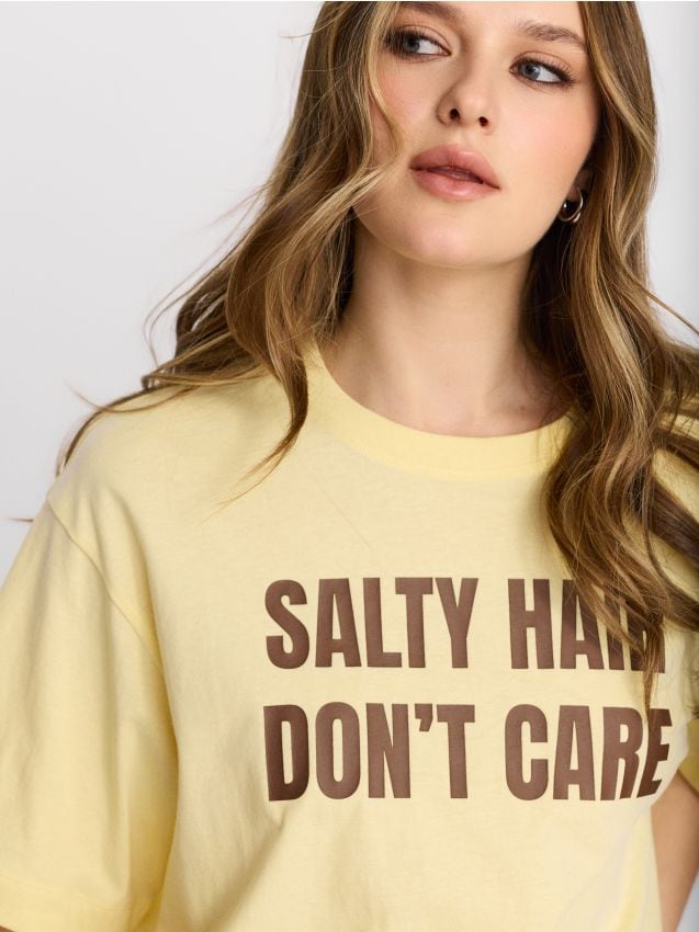 Sinsay - Tricou din bumbac cu inscripție - yellow jeans