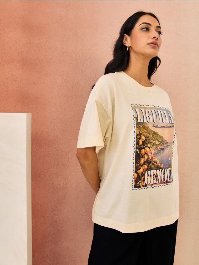 Sinsay - Tricou din bumbac cu imprimeu de vacanță - nude