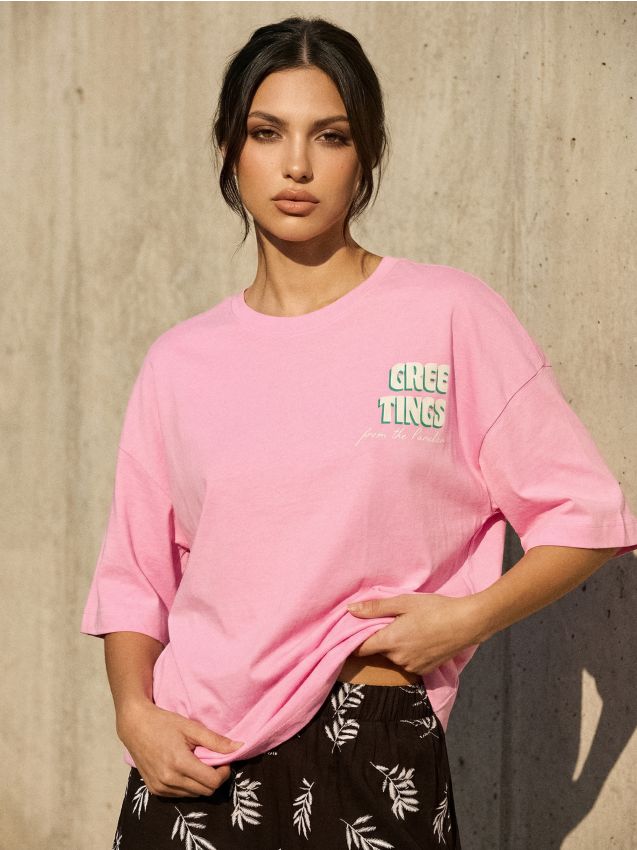 Sinsay - Tricou din bumbac cu imprimeu de vacanță - roz